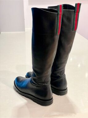 Gucci Black Leather High Boots with Signature Brand’s Ribbon Size 38 1/2 - 8.5